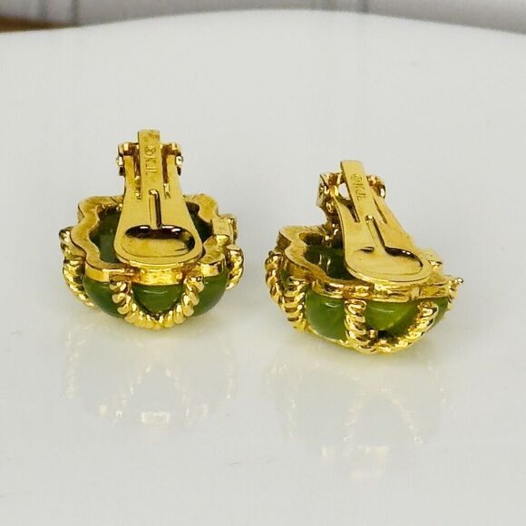 Vintage KJL Kenneth J Lane Earrings Gold Rope Quilted Green Lucite Clip On 1133 - Picture 7 of 15